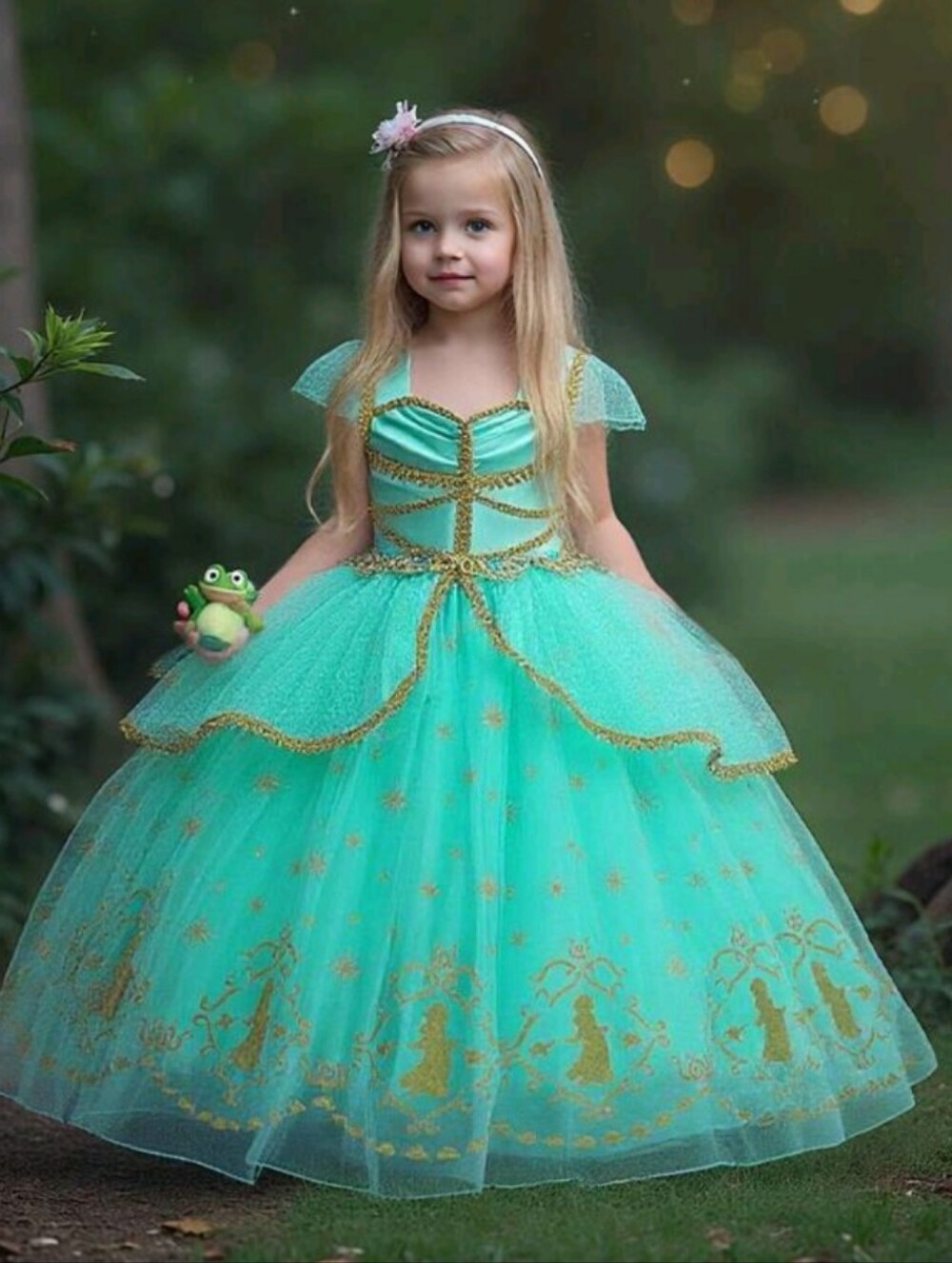 Girls' Aqua Tulle Princess Dress with Gold Trim